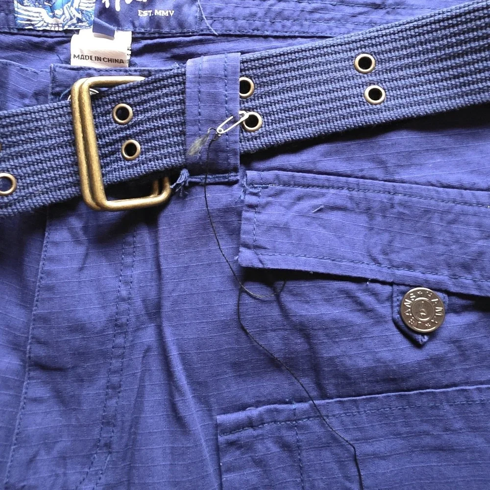 Vintage Hama Cargo Shorts Skater Baggy Combat Navy Blue Belted 36/17 NEW NWOT